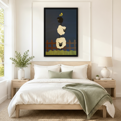 Stacked Sheep Folk Art Navy Canvas Wall Art