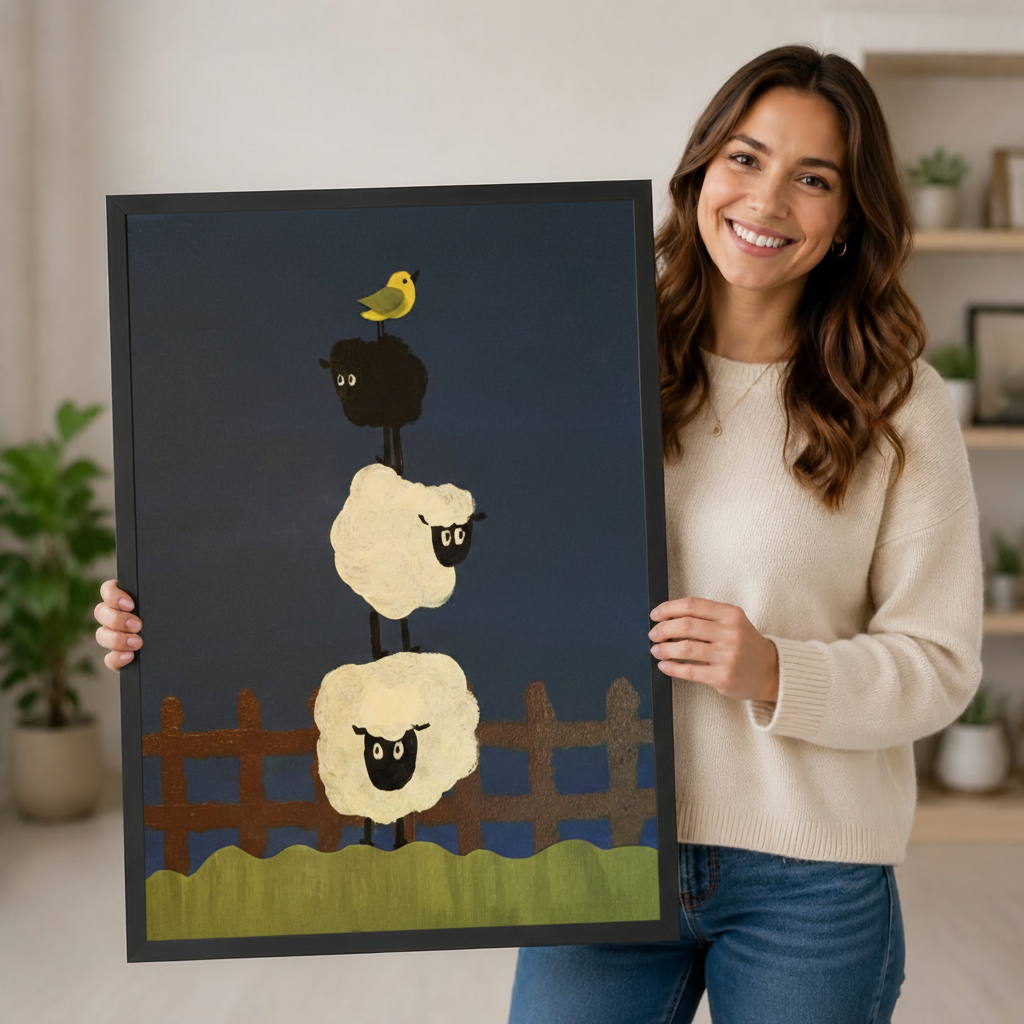 Stacked Sheep Folk Art Navy Canvas Wall Art