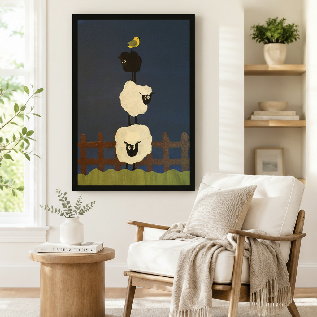 Stacked Sheep Folk Art Navy Canvas Wall Art