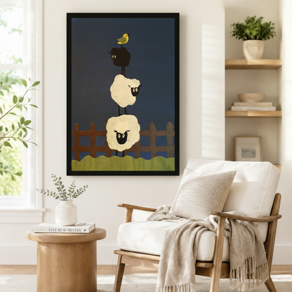 Stacked Sheep Folk Art Navy Canvas Wall Art