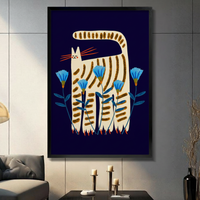 Folk Art Striped Cat Floral Canvas Art Wall Art