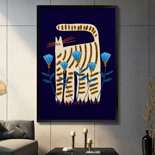 Folk Art Striped Cat Floral Canvas Art Wall Art