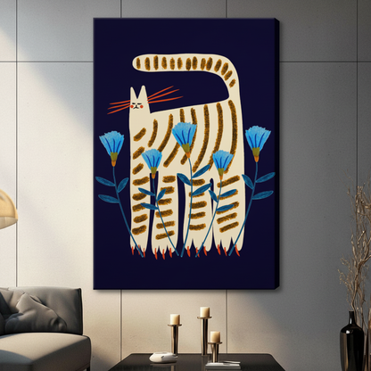 Folk Art Striped Cat Floral Canvas Art Wall Art