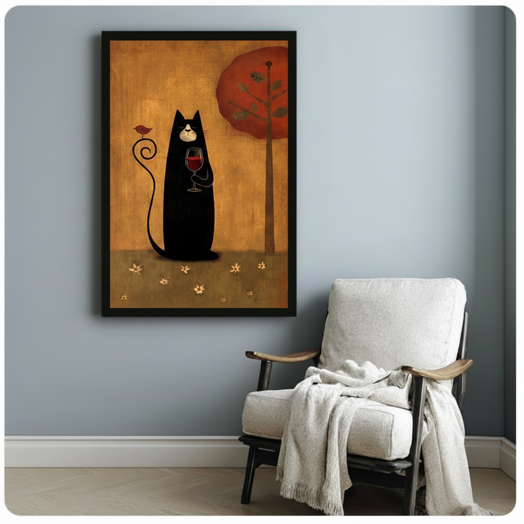 Black Cat Red Wine Folk Art Canvas Print Wall Art