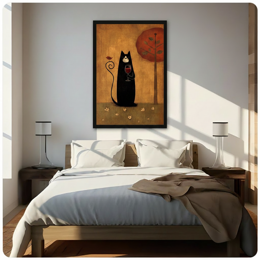 Black Cat Red Wine Folk Art Canvas Print Wall Art