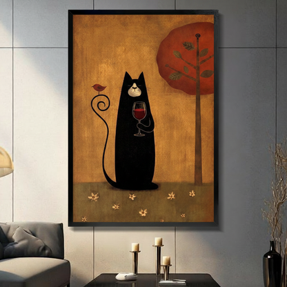Black Cat Red Wine Folk Art Canvas Print Wall Art