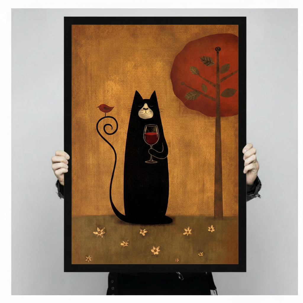 Black Cat Red Wine Folk Art Canvas Print Wall Art