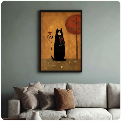 Black Cat Red Wine Folk Art Canvas Print Wall Art