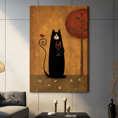 Black Cat Red Wine Folk Art Canvas Print Wall Art