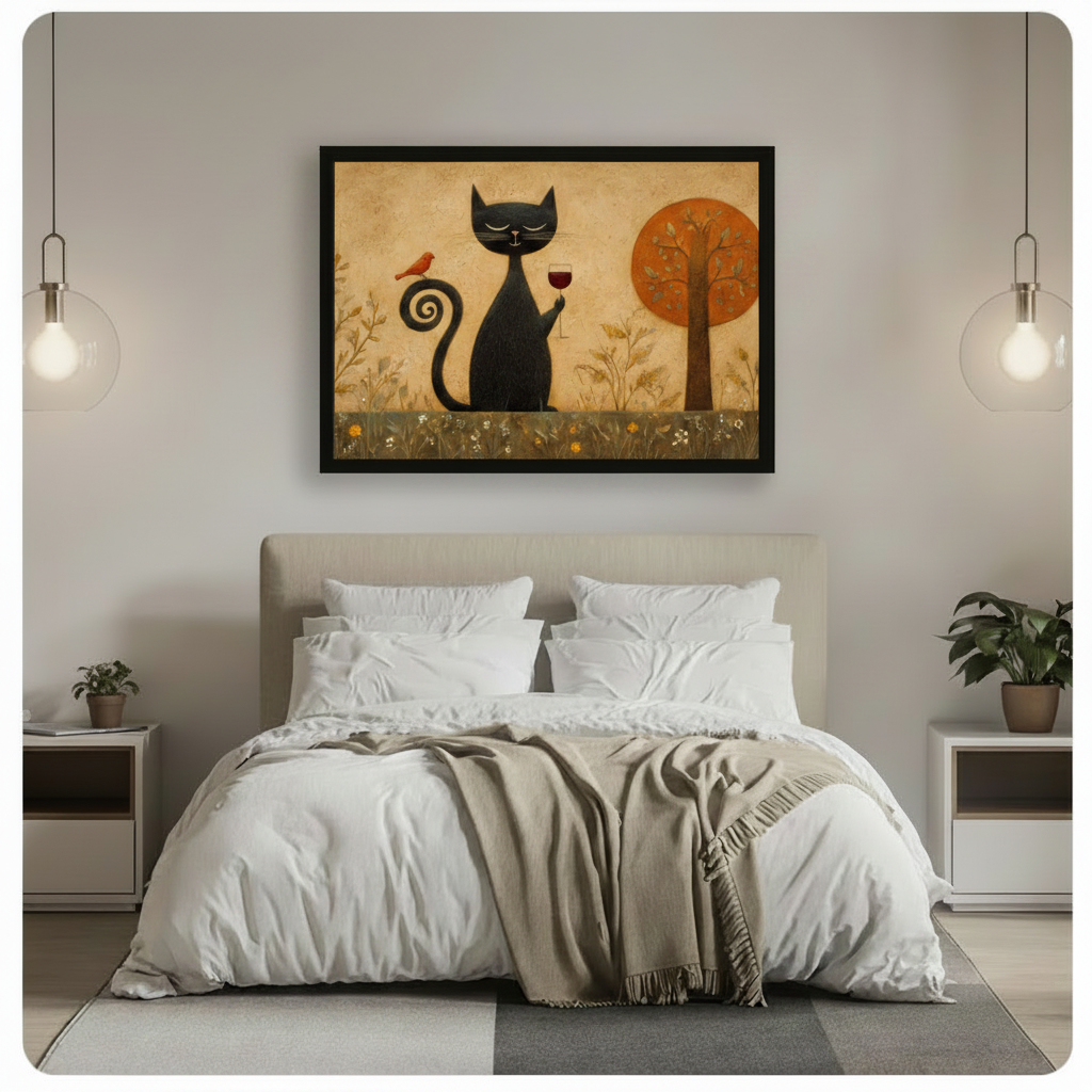 Folk Art Black Cat Wine Canvas Art Wall Art