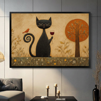 Folk Art Black Cat Wine Canvas Art Wall Art