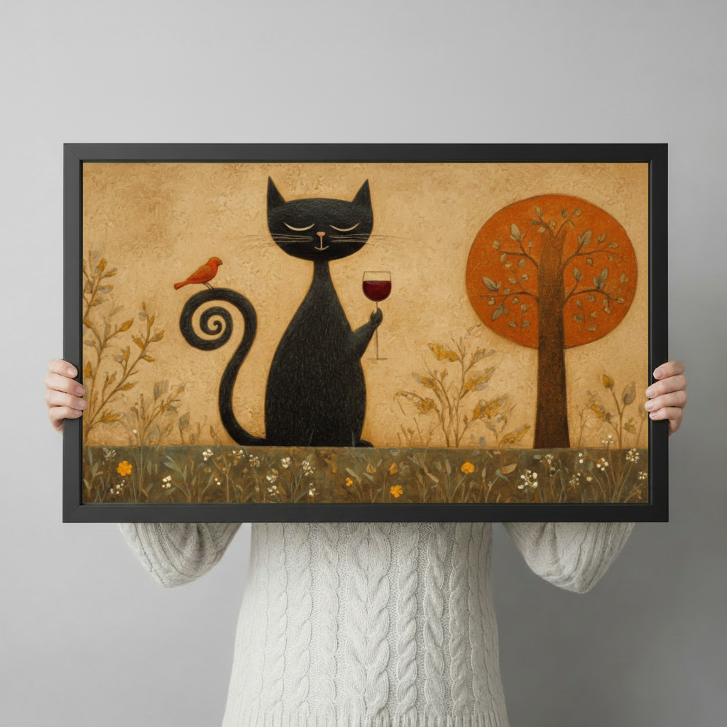 Folk Art Black Cat Wine Canvas Art Wall Art