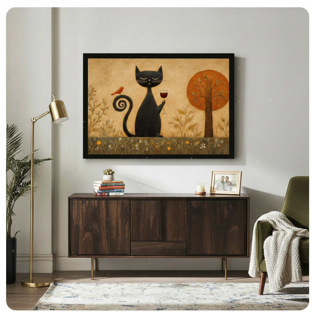 Folk Art Black Cat Wine Canvas Art Wall Art