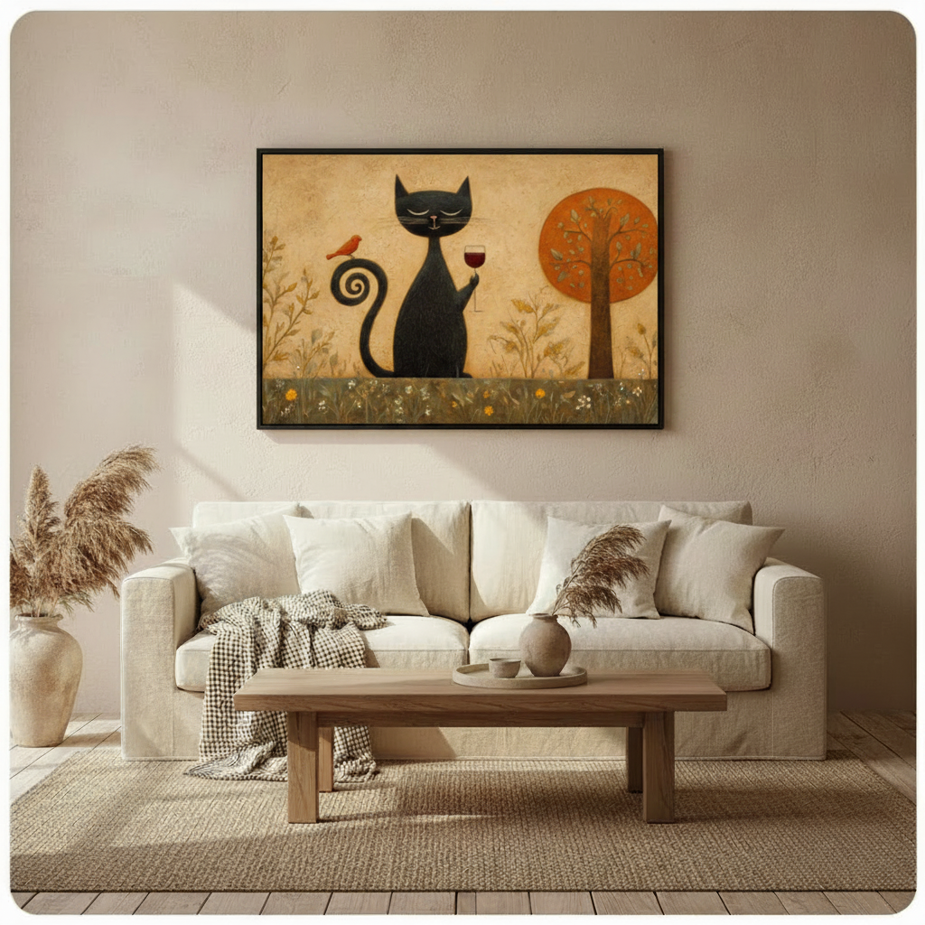 Folk Art Black Cat Wine Canvas Art Wall Art