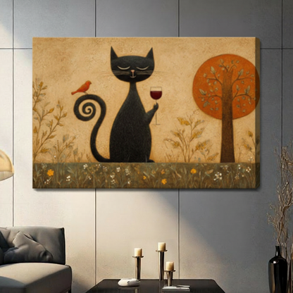 Folk Art Black Cat Wine Canvas Art Wall Art