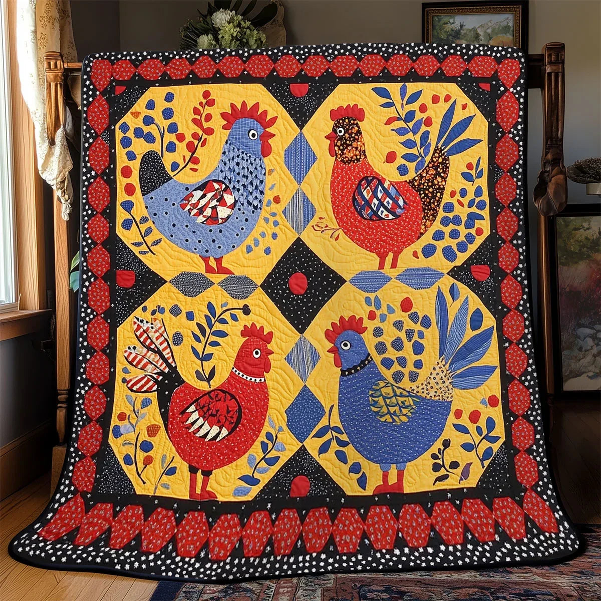 Folk Country Chicken Quilt Blanket