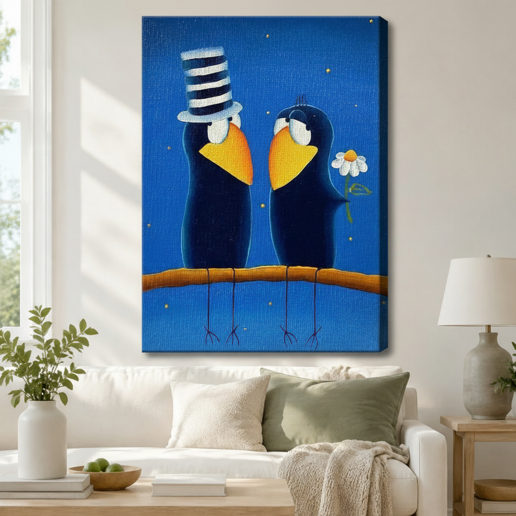Love Birds Folk Art Blue Canvas Wall Art