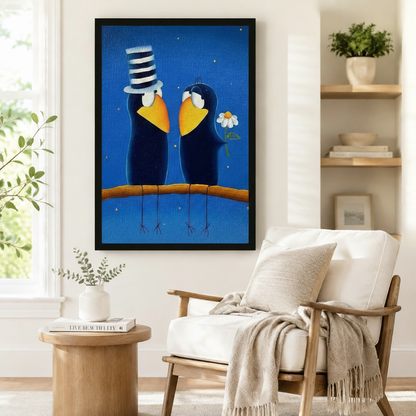 Love Birds Folk Art Blue Canvas Wall Art