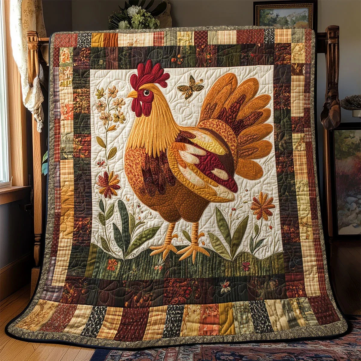Folk Harvest Chicken Quilt Blanket