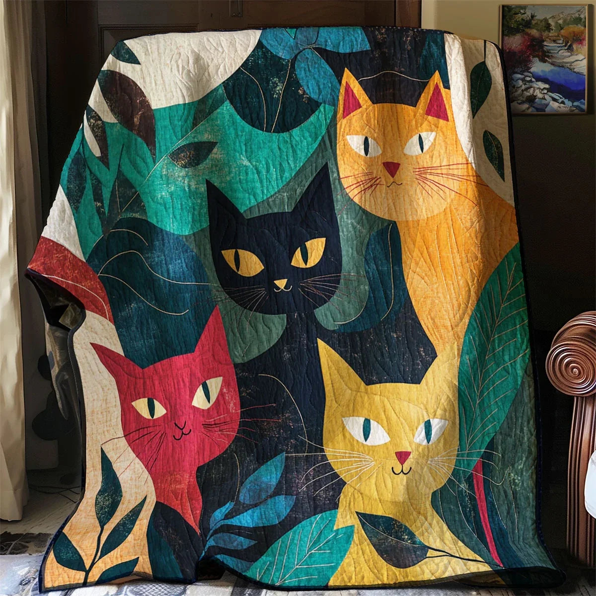 Forest Cat Whimsical Quilt Blanket