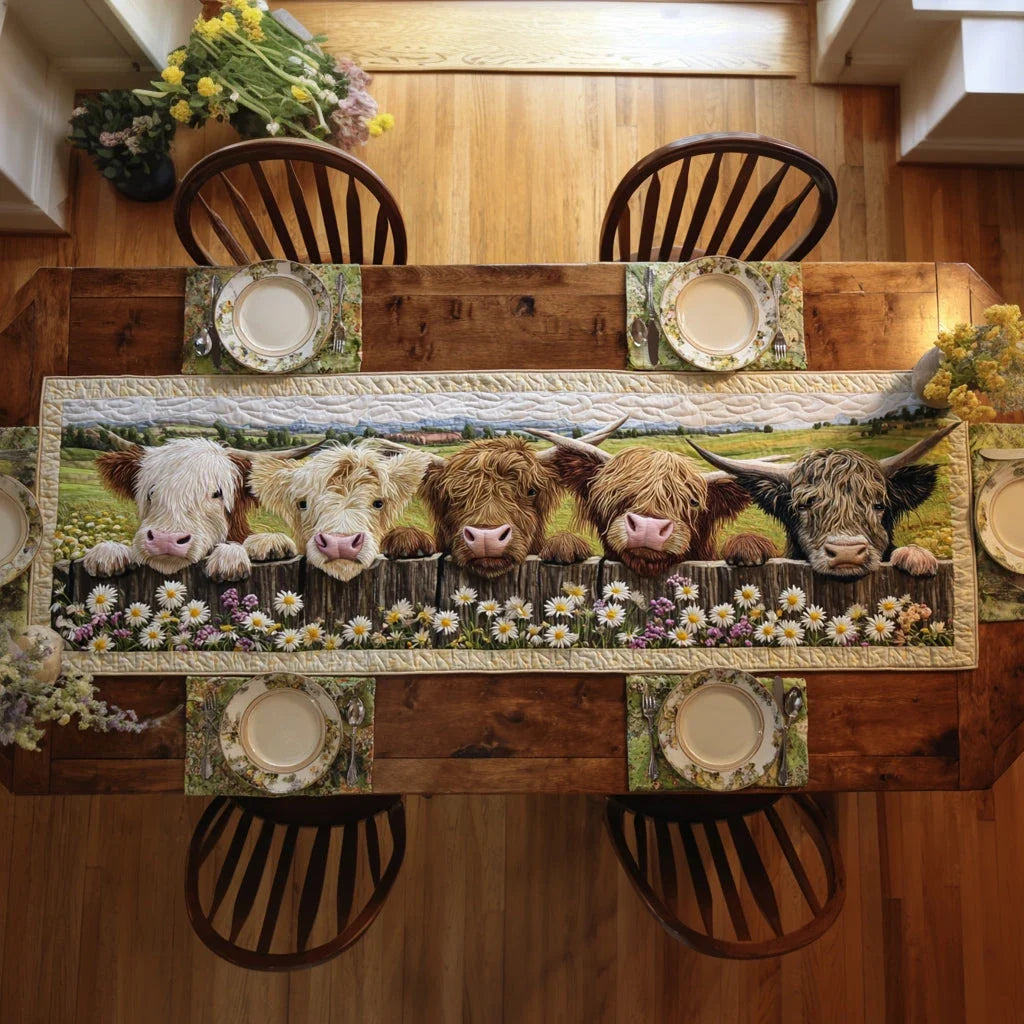 Forest Highland Cow Quilted Table Runner