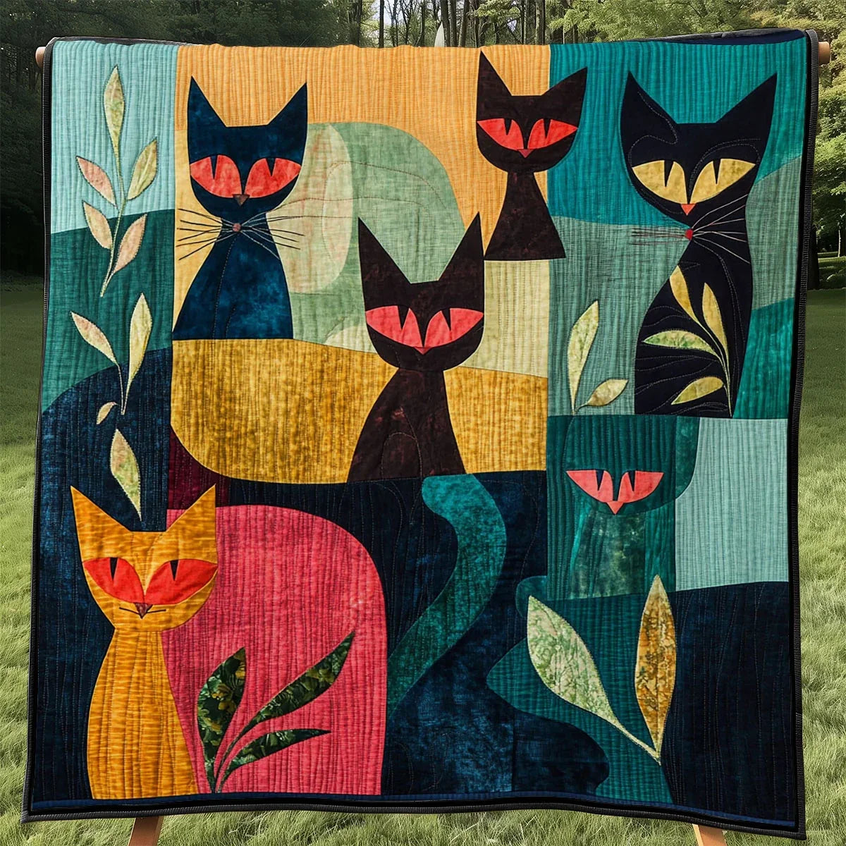 Forest Whimsical Cat Quilt Blanket