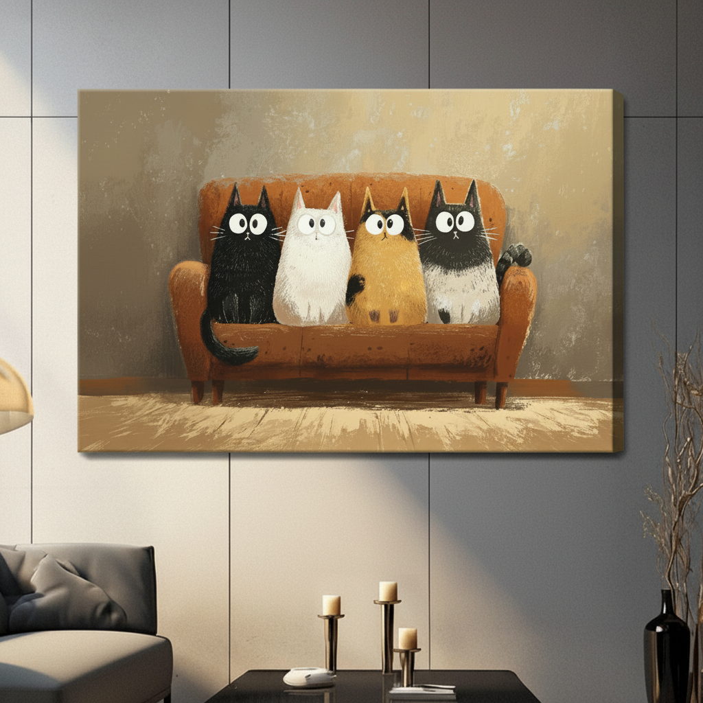 Funny Cats on Sofa Whimsical Canvas Wall Art