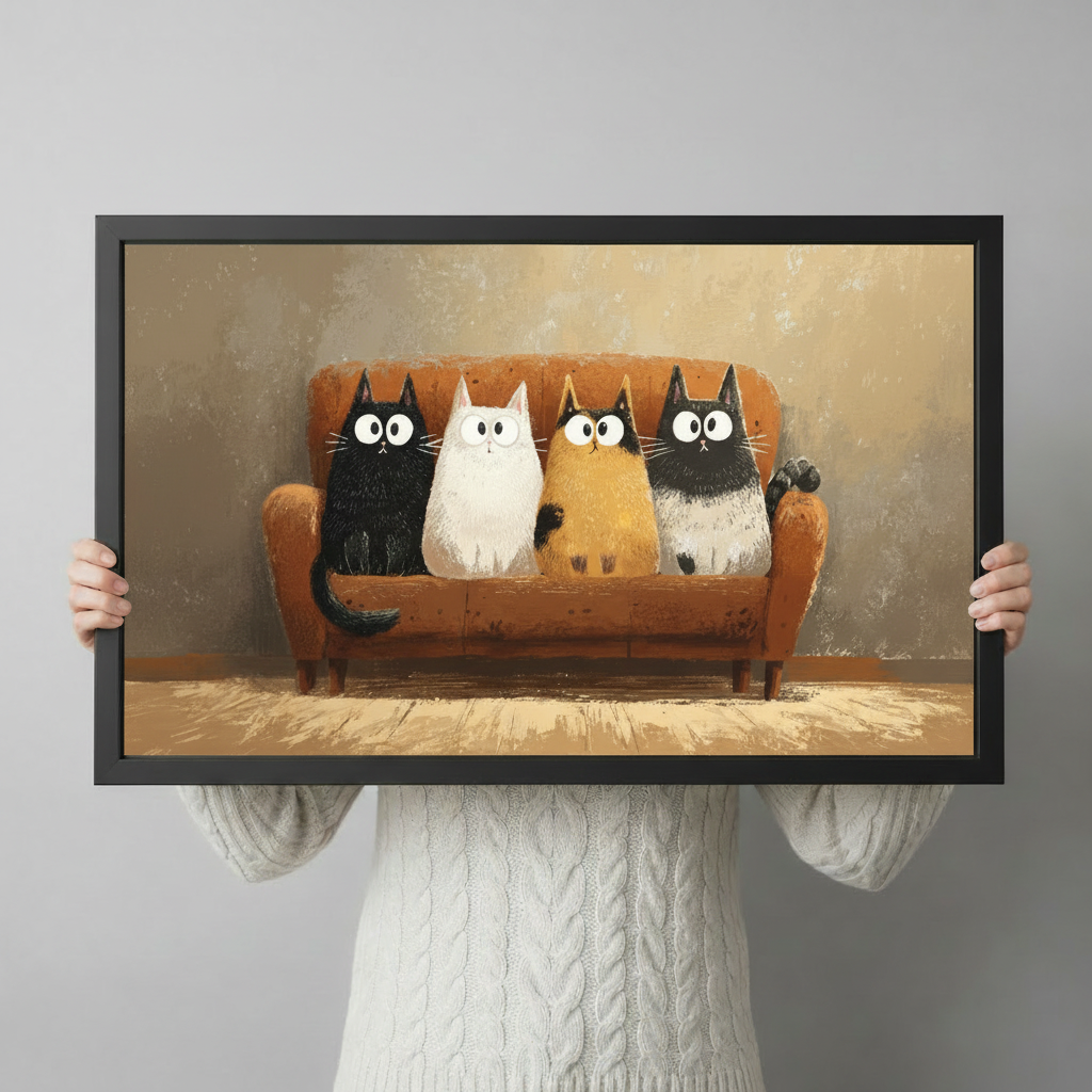 Funny Cats on Sofa Whimsical Canvas Wall Art