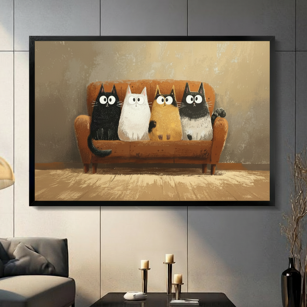 Funny Cats on Sofa Whimsical Canvas Wall Art