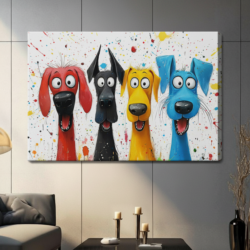 Colorful Cartoon Dogs Canvas Wall Art