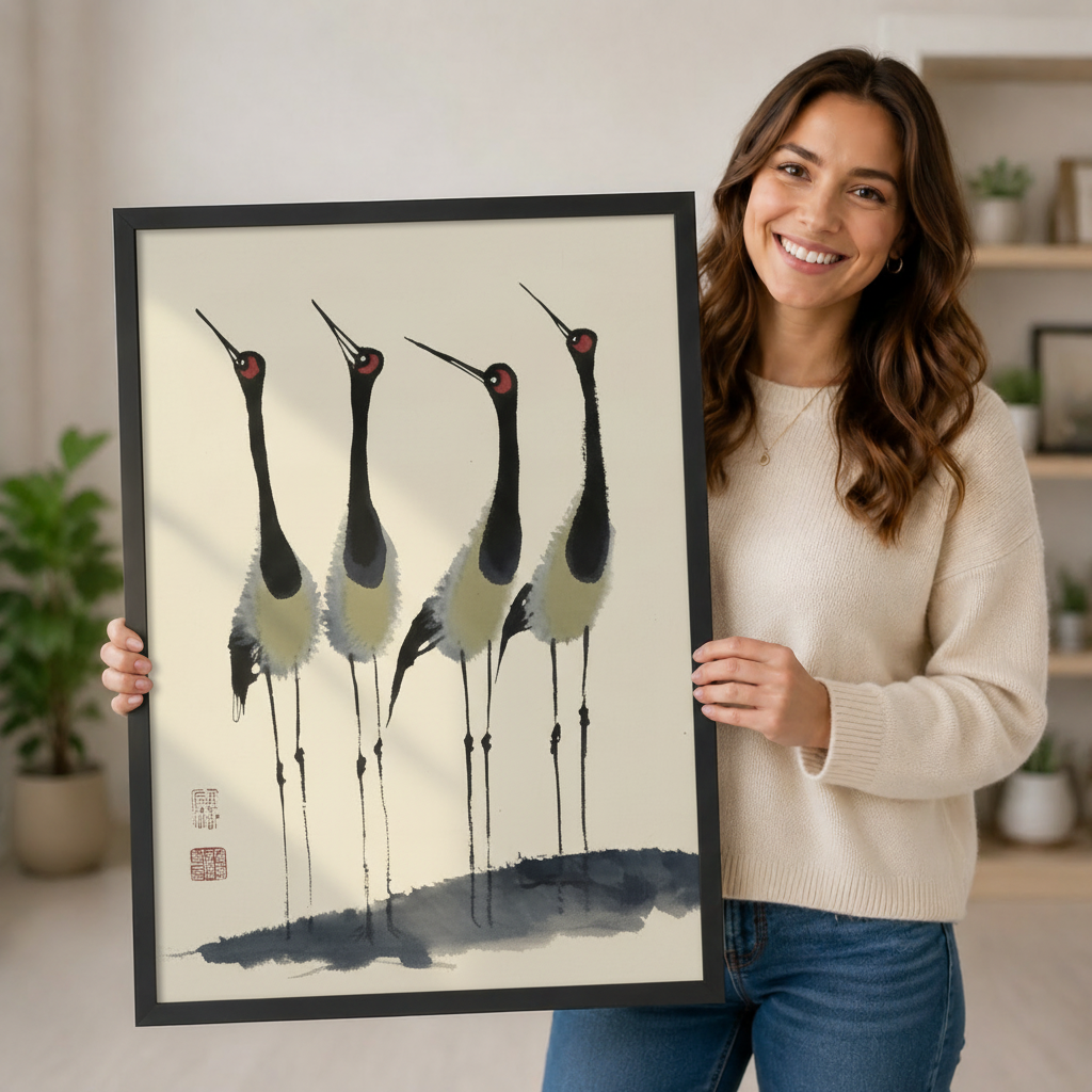 Japanese Crane Ink Painting Canvas Art Wall Art