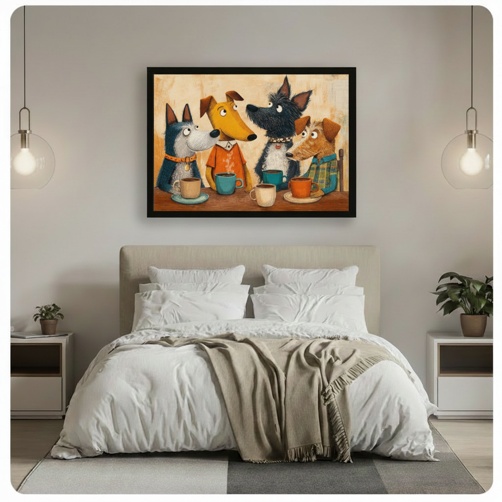 Dogs Coffee Club Cartoon Canvas Wall Art