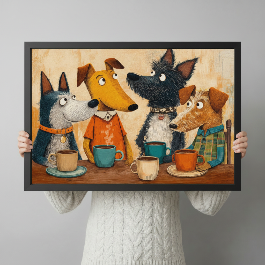 Dogs Coffee Club Cartoon Canvas Wall Art