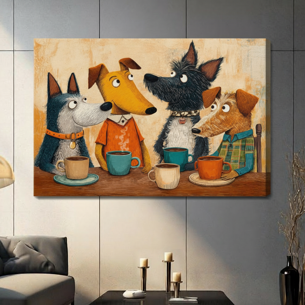 Dogs Coffee Club Cartoon Canvas Wall Art