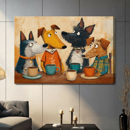Dogs Coffee Club Cartoon Canvas Wall Art
