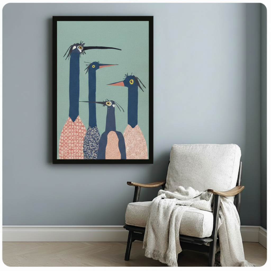 Quirky Long-Neck Birds Illustration Canvas Art