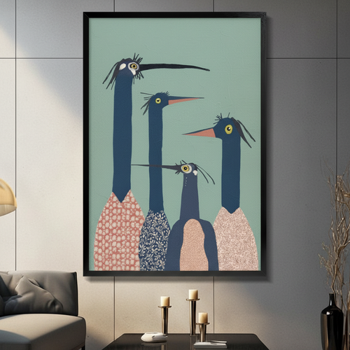 Quirky Long-Neck Birds Illustration Canvas Art