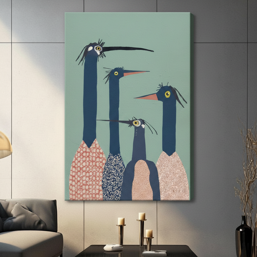 Quirky Long-Neck Birds Illustration Canvas Art