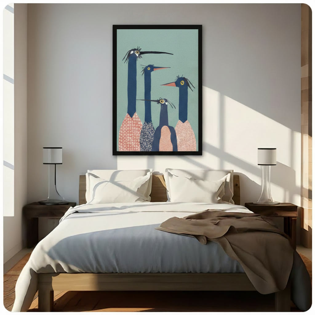 Quirky Long-Neck Birds Illustration Canvas Art