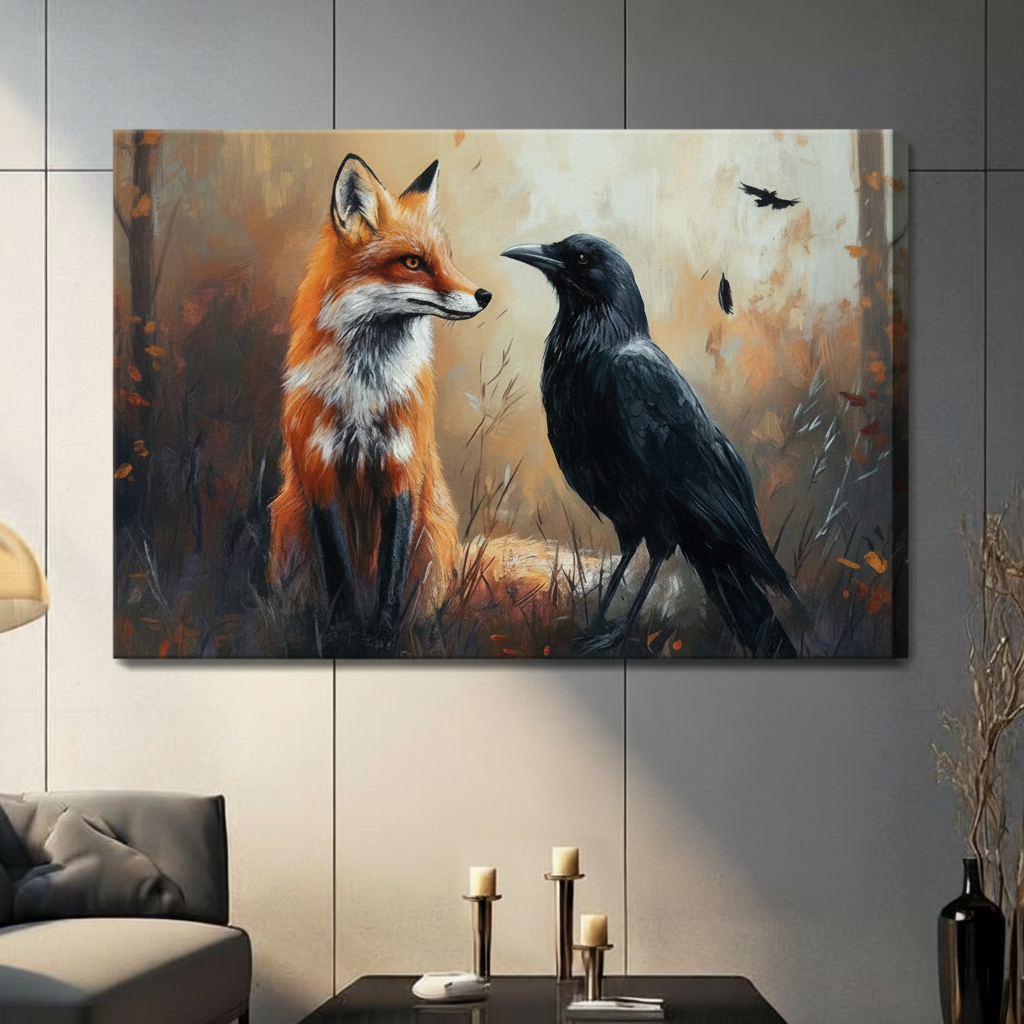 Fox and Raven Autumn Forest Oil Painting Canvas