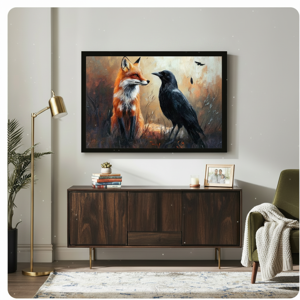 Fox and Raven Autumn Forest Oil Painting Canvas