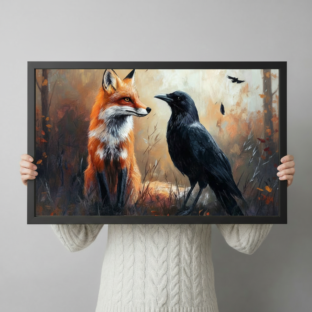 Fox and Raven Autumn Forest Oil Painting Canvas