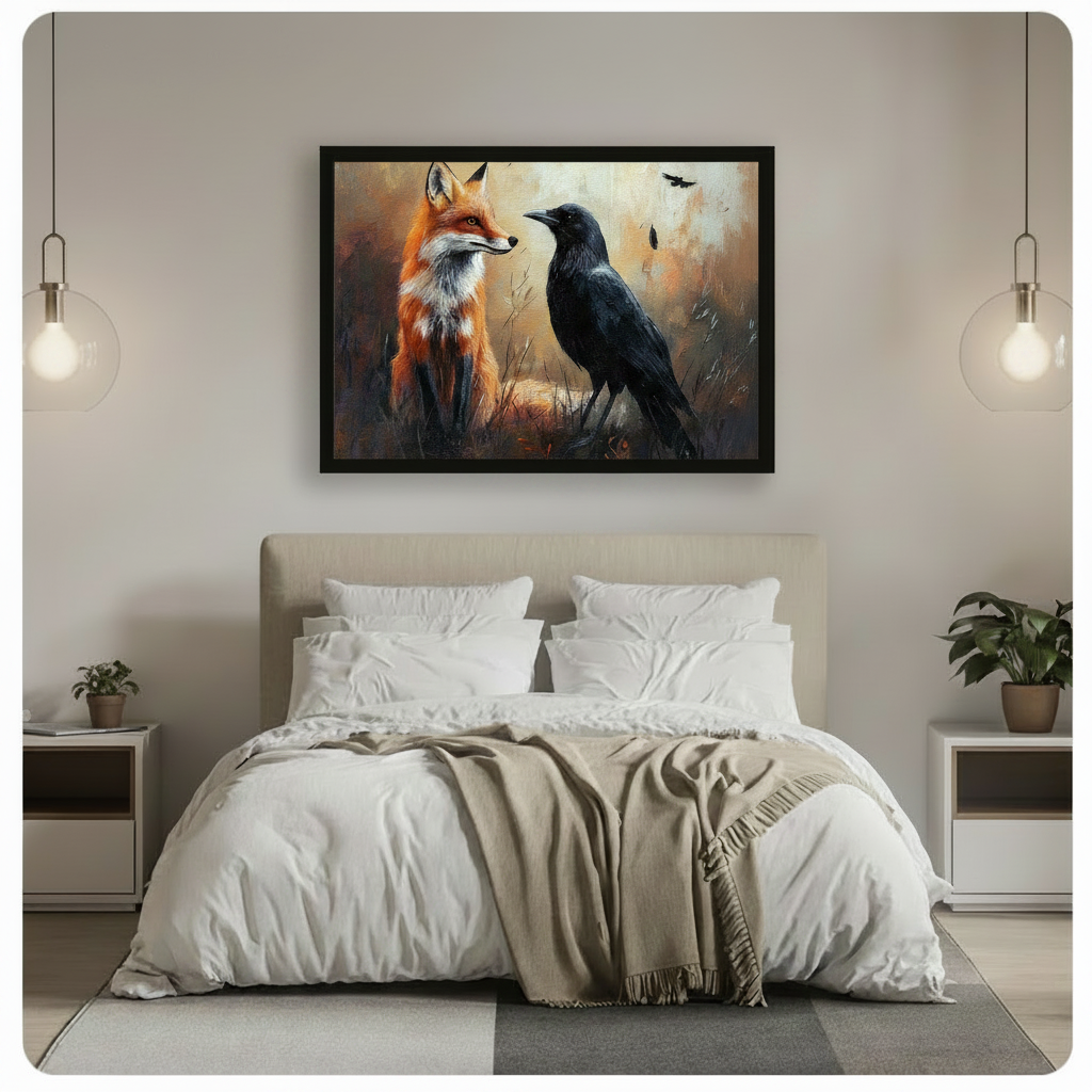 Fox and Raven Autumn Forest Oil Painting Canvas