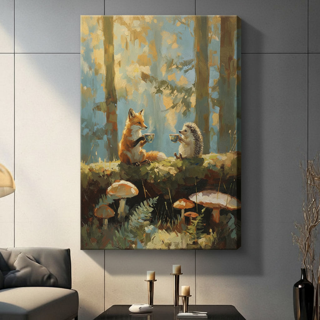 Fox Hedgehog Tea Party Woodland Oil Painting Canvas Art