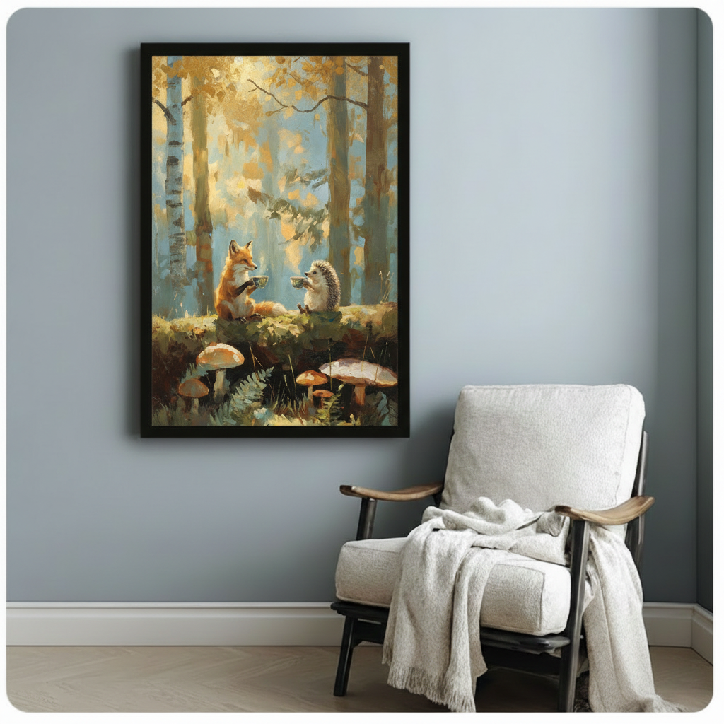 Fox Hedgehog Tea Party Woodland Oil Painting Canvas Art