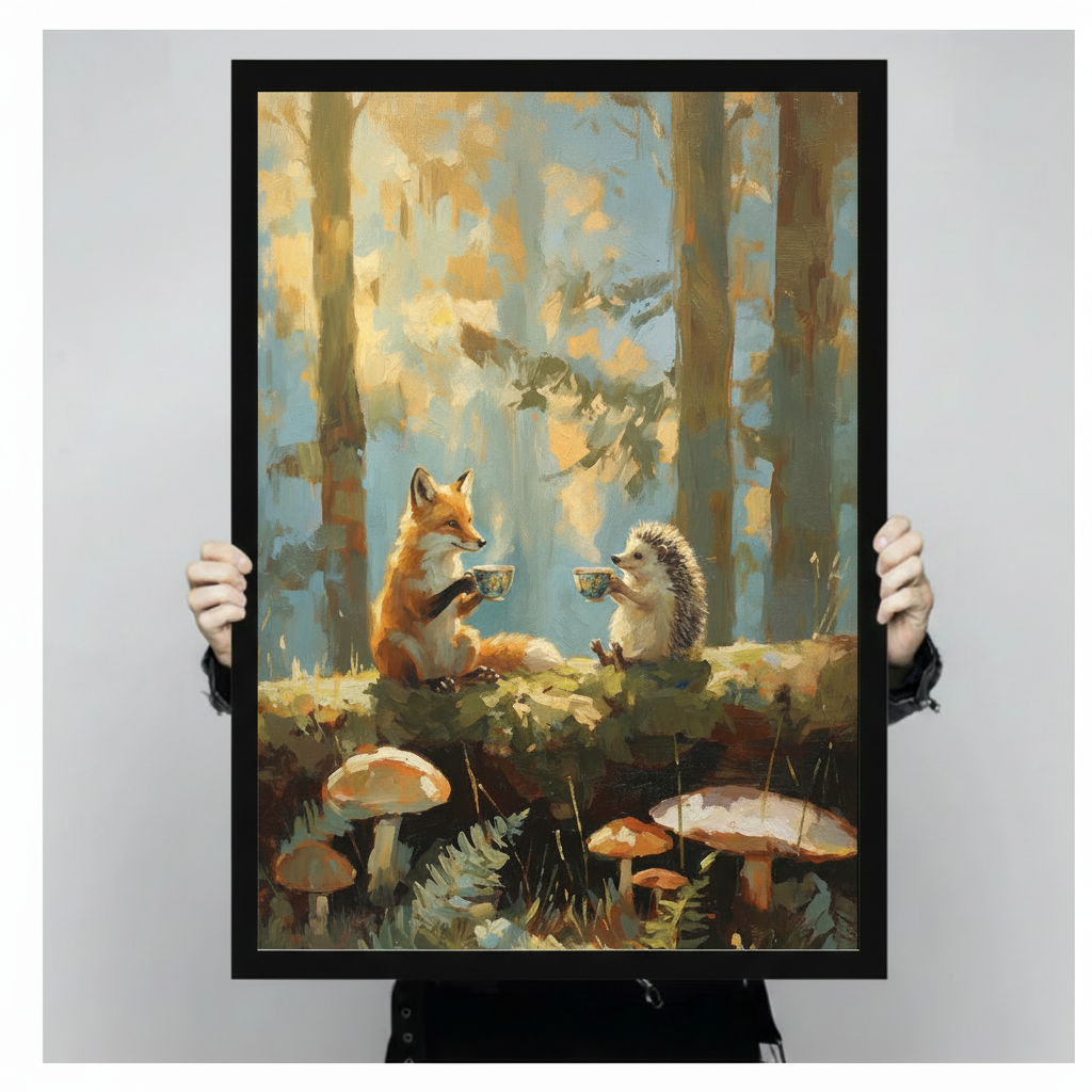 Fox Hedgehog Tea Party Woodland Oil Painting Canvas Art