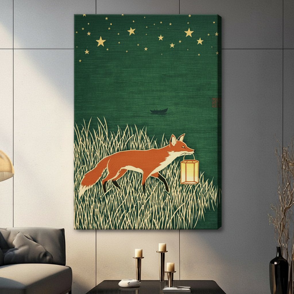 Fox Lantern Night Japanese Woodblock Canvas Art