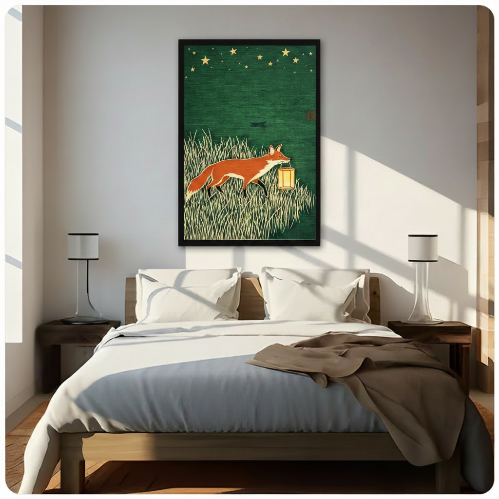 Fox Lantern Night Japanese Woodblock Canvas Art