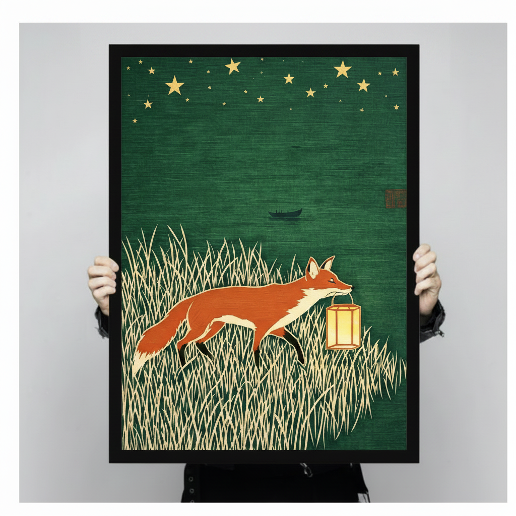 Fox Lantern Night Japanese Woodblock Canvas Art