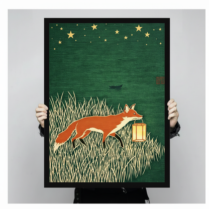 Fox Lantern Night Japanese Woodblock Canvas Art